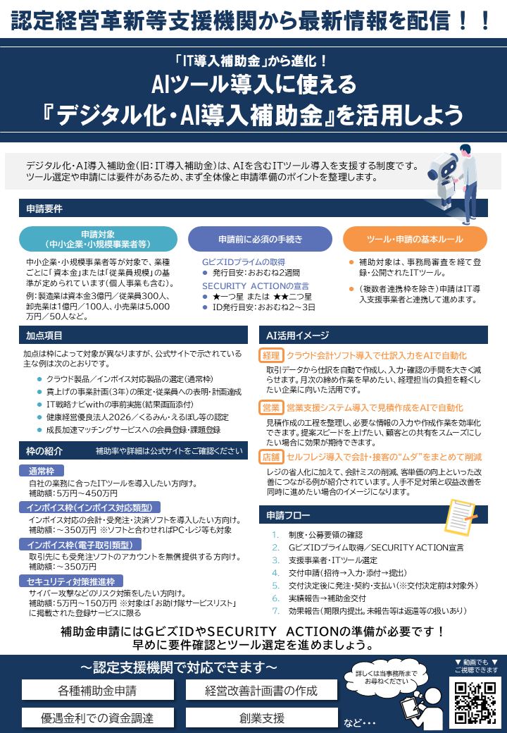 【2026年5月号】「IT導入補助金」から進化！AIツール導入に使えるデジタル化・AI導入補助金｜税理士が解説（ニュースレター誌面）